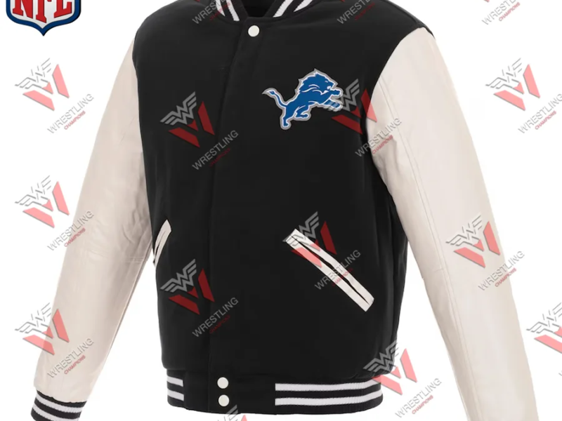 Men's Detroit Lions BlackWhite Reversible Fleece Full-Snap Jacket with Faux Leather Sleeves